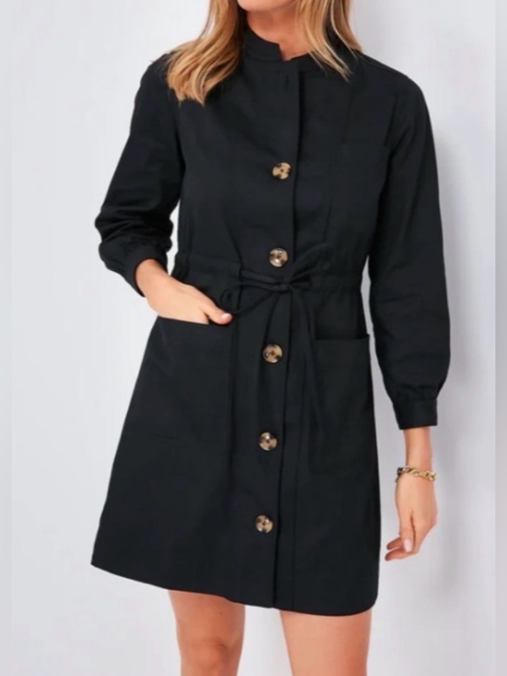 Tuckernuck Crosby Button 3/4 Sleeve Patch Pocket Drawstring Cotton Shirt Dress